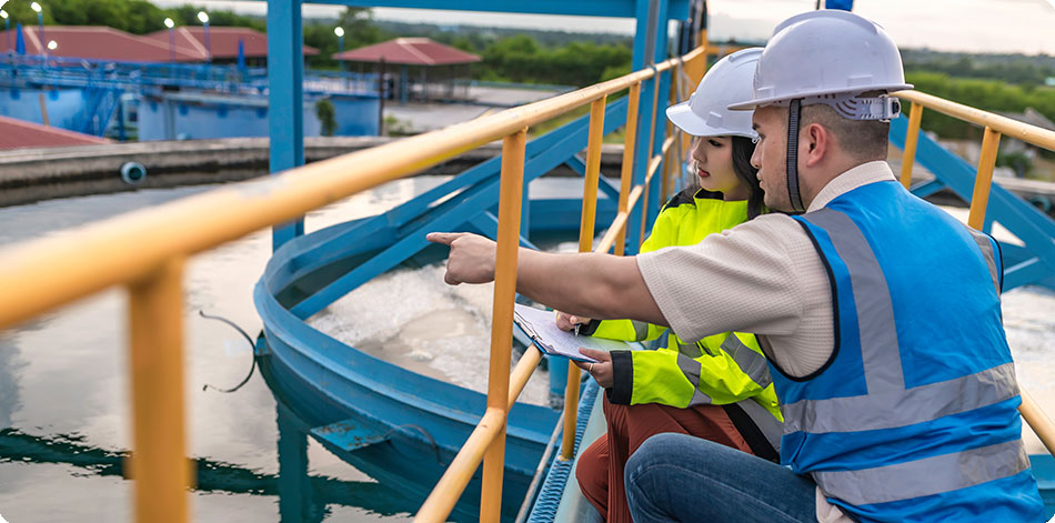 Two workers working at a water treatment facility